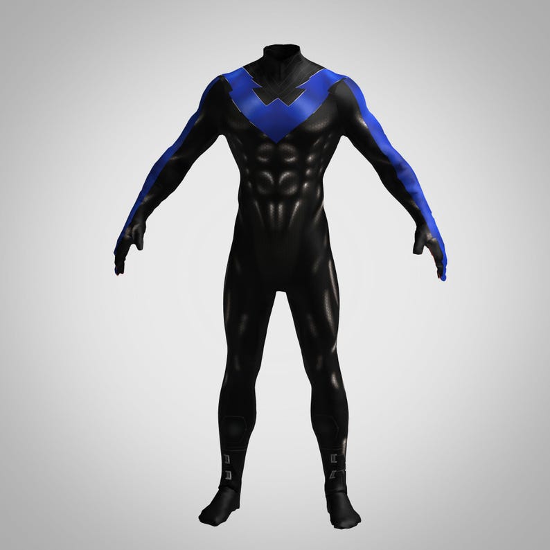 May include: A full-body black jumpsuit featuring a blue bird-shaped emblem across the chest and shoulders, with blue stripes extending down the length of each arm. The suit has a form-fitting design with integrated boot covers and subtle detailing.