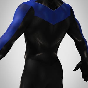 May include: A black long-sleeve bodysuit featuring a blue chevron-shaped emblem across the upper chest and shoulders. The black fabric has a subtle hexagonal texture pattern throughout, while the blue sections are smooth and solid in color.