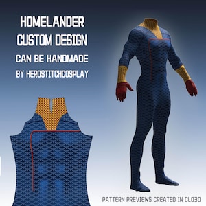 Peut inclure: Une combinaison intégrale bleue texturée avec un col et des poignets dorés à motif d'aigle, des gants rouges et un passepoil rouge sur la poitrine. Texte : HOMELANDER CUSTOM DESIGN CAN BE HANDMADE BY HEROSTITCHCOSPLAY. PATTERN PREVIEWS CREATED IN CLO3D.
