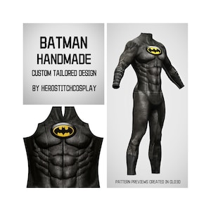 May include: A black full-body costume featuring a textured muscular design and a yellow and black bat emblem on the chest. Text reads: BATMAN HANDMADE CUSTOM TAILORED DESIGN BY HEROSTITCHCOSPLAY and PATTERN PREVIEWS CREATED IN CLO3D.