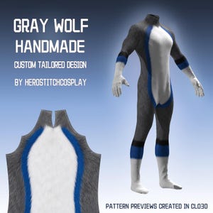 May include: A full-body gray wolf costume featuring a white chest panel, blue accents, and black bands on the arms and legs. The text reads GRAY WOLF HANDMADE CUSTOM TAILORED DESIGN BY HEROSTITCHCOSPLAY and PATTERN PREVIEWS CREATED IN CLO3D.