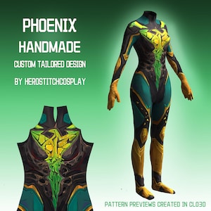 May include: A full-body jumpsuit featuring a high neck and long sleeves with a black, teal, and yellow geometric pattern. Text reads: PHOENIX HANDMADE CUSTOM TAILORED DESIGN BY HEROSTITCHCOSPLAY. A close-up of the chest panel is shown below.