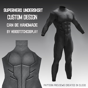 May include: A black long-sleeve undershirt with a textured hexagonal pattern and muscle-defining lines. Text reads: SUPERHERO UNDERSHIRT CUSTOM DESIGN CAN BE HANDMADE BY HEROSTITCHCOSPLAY. PATTERN PREVIEWS CREATED IN CLO3D.