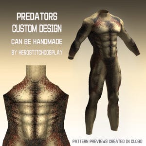 May include: A full-body bodysuit featuring a textured, reptilian-inspired pattern in shades of tan, brown, and dark red. The design includes a muscular torso print. Text reads: PREDATORS CUSTOM DESIGN CAN BE HANDMADE BY HEROSTITCHCOSPLAY PATTERN PREVIEWS CREATED IN CLO3D.