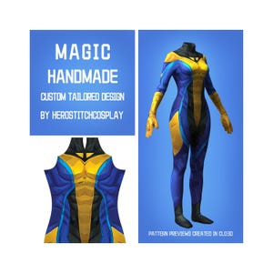 Peut inclure: Une combinaison intégrale bleue, jaune et noire avec des manches longues et un col haut. Le texte indique : MAGIC HANDMADE CUSTOM TAILORED DESIGN BY HEROSTITCHCOSPLAY et PATTERN PREVIEWS CREATED IN CLO3D. Le design présente un panneau central jaune.