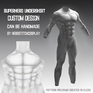 Peut inclure: Un rendu numérique gris d'un sous-vêtement de super-héros complet avec une anatomie musculaire définie, incluant un gros plan du torse. Le texte indique : SUPERHERO UNDERSHIRT CUSTOM DESIGN CAN BE HANDMADE BY HEROSTITCHCOSPLAY et PATTERN PREVIEWS CREATED IN CLO3D.