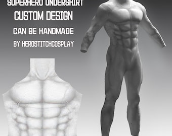 May include: A gray digital rendering of a full-body superhero undershirt with defined muscular anatomy, including a detailed torso close-up. Text reads: SUPERHERO UNDERSHIRT CUSTOM DESIGN CAN BE HANDMADE BY HEROSTITCHCOSPLAY and PATTERN PREVIEWS CREATED IN CLO3D.