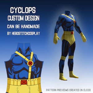 May include: A blue and yellow superhero costume featuring a chest harness with a circular red emblem, a utility belt with a red buckle, gloves, and boots. Text reads: CYCLOPS CUSTOM DESIGN CAN BE HANDMADE BY HEROSTITCHCOSPLAY. PATTERN PREVIEWS CREATED IN CLO3D.