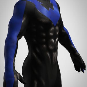 May include: A black bodysuit featuring a blue bird-shaped emblem across the chest and shoulders. The black sections of the suit display a subtle hexagonal pattern, while the blue sections extend down the arms to the gloves, creating a sleek look.