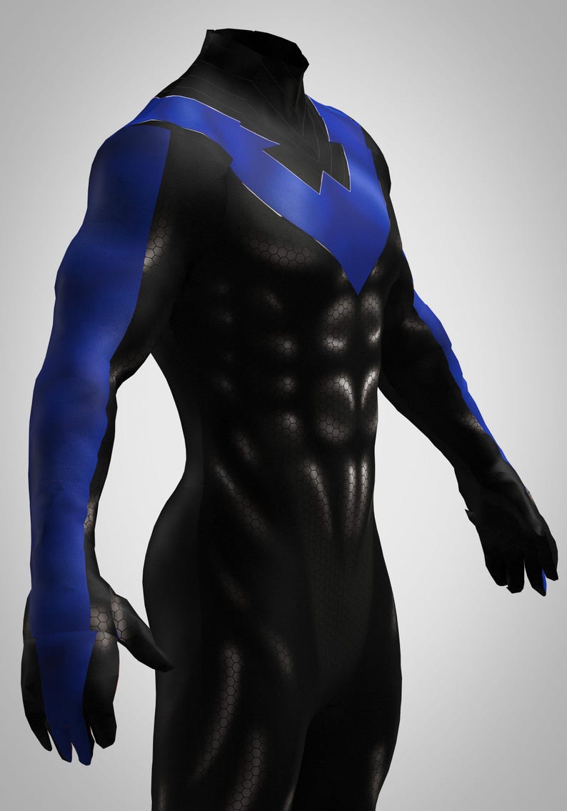 May include: A black bodysuit featuring a blue bird-shaped emblem across the chest and shoulders. The black sections of the suit display a subtle hexagonal pattern, while the blue sections extend down the arms to the gloves, creating a sleek look.
