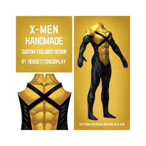 May include: A full-body costume suit featuring a gold torso with a black X-shaped chest harness and black sleeves and leggings. The text reads X-MEN HANDMADE CUSTOM TAILORED DESIGN BY HEROSTITCHCOSPLAY and PATTERN PREVIEWS CREATED IN CLO3D.