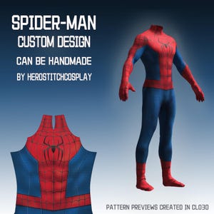 Może przedstawiać: Kostium Spider-Mana w kolorze czerwonym i niebieskim z czarnym emblematem pająka na klatce piersiowej. Tekst głosi: SPIDER-MAN CUSTOM DESIGN CAN BE HANDMADE BY HEROSTITCHCOSPLAY oraz PATTERN PREVIEWS CREATED IN CLO3D. Zawiera szczegółowy widok tułowia.