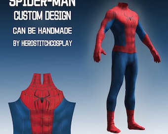 May include: A full-body Spider-Man costume design in red and blue with a black spider emblem on the chest. Text reads: SPIDER-MAN CUSTOM DESIGN CAN BE HANDMADE BY HEROSTITCHCOSPLAY and PATTERN PREVIEWS CREATED IN CLO3D. Includes a torso detail view.