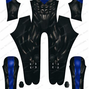 May include: A black and blue fabric pattern for a full-body suit, featuring a printed muscular torso design, a blue chevron chest emblem, separate sleeve panels, leg sections with printed buckle details, and matching black and blue glove pieces.