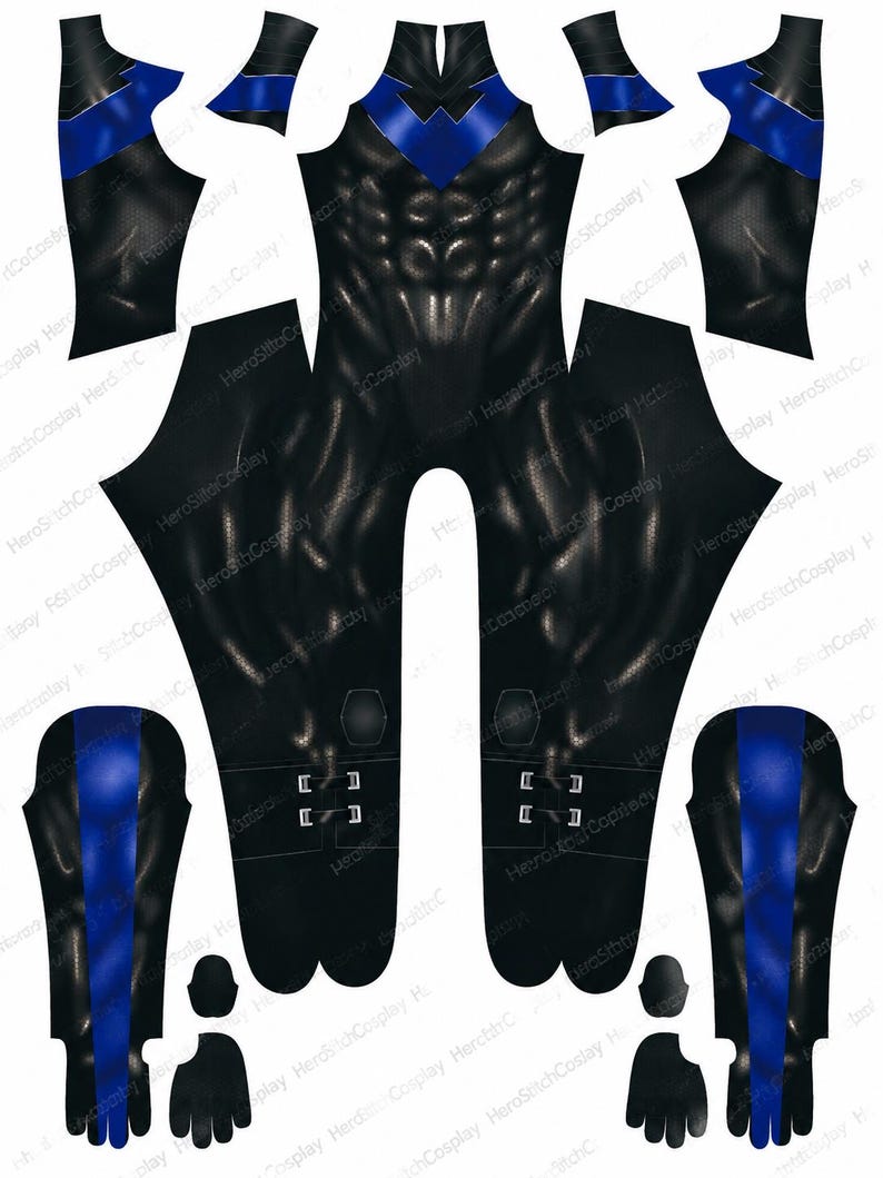 May include: A black and blue fabric pattern for a full-body suit, featuring a printed muscular torso design, a blue chevron chest emblem, separate sleeve panels, leg sections with printed buckle details, and matching black and blue glove pieces.