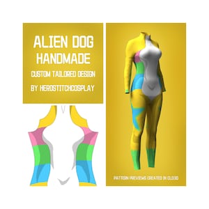 Peut inclure: Une combinaison intégrale à manches longues avec un panneau central blanc et des sections colorées en jaune, rose, vert et bleu. Le texte indique ALIEN DOG HANDMADE CUSTOM TAILORED DESIGN BY HEROSTITCHCOSPLAY et PATTERN PREVIEWS CREATED IN CLO3D.