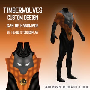 May include: A full-body costume suit featuring an orange and black color scheme with a grey wolf-head chest emblem and a circular gold logo. Text reads: TIMBERWOLVES CUSTOM DESIGN CAN BE HANDMADE BY HEROSTITCHCOSPLAY. PATTERN PREVIEWS CREATED IN CLO3D.