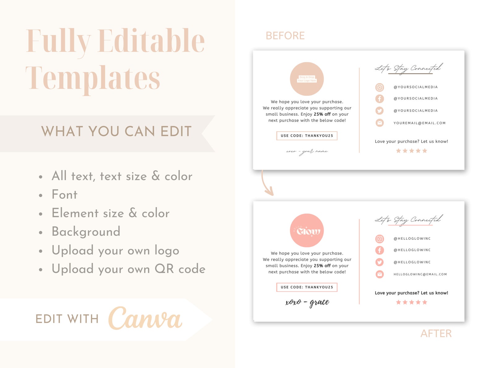 Editable Modern Business Thank You Card Canva Template Insert Packaging ...