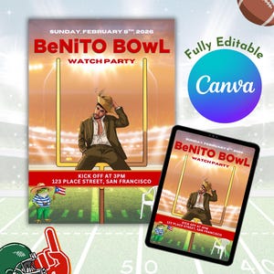 Convite para festa de futebol americano do Benito Bowl | Convite para dia de jogo inspirado no Bad Bunny | Modelo editável do Canva | Festa para assistir música latina
