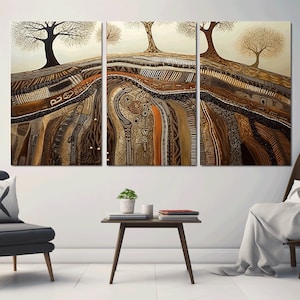 以下が含まれることがあります： 茶色、ベージュ、オレンジのカラーパレットを使用した3枚組の抽象的なアートプリント。プリントには、木々と曲がりくねった道のあるスタイリッシュな風景が描かれています。