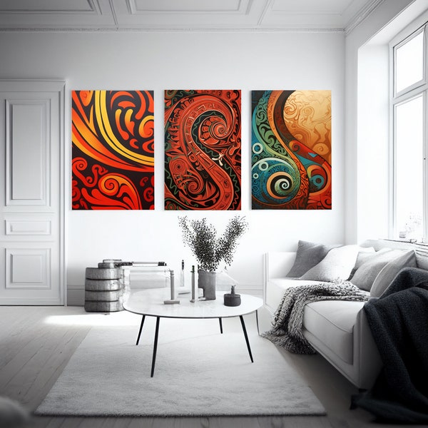 Vibrant Maori Abstract Art Trio: Three Panel Art and Two Portrait Prints