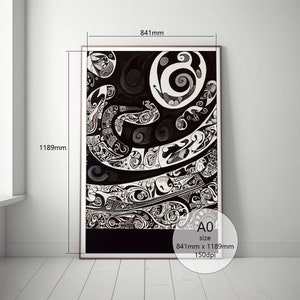 May include: Black and white abstract art print with intricate patterns and swirls. The print is framed and measures 33.1 inches by 46.8 inches. The print is labeled "A0 size 841mm x 1189mm 150dpi".