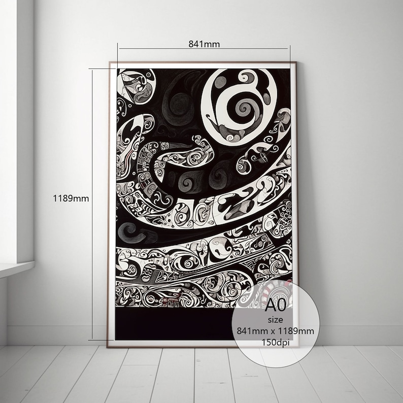May include: Black and white abstract art print with intricate patterns and swirls. The print is framed and measures 33.1 inches by 46.8 inches. The print is labeled "A0 size 841mm x 1189mm 150dpi".
