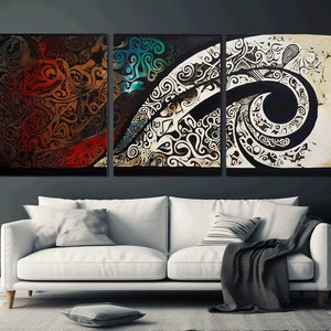 May include: A three-piece abstract art print set featuring a swirling pattern of black, white, brown, red, and blue. The pattern is reminiscent of a tribal design.