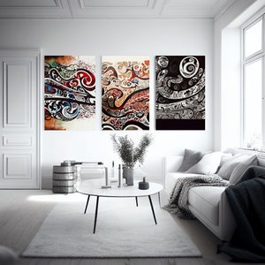 May include: Three abstract art prints with black, white, red, blue, and brown swirling patterns. The prints are framed and hung on a white wall in a living room setting.