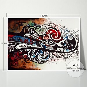 May include: Abstract art print featuring a swirling design in black, red, blue, green, and white. The design is reminiscent of a stylized wave or a flowing pattern. The print is 1189mm x 841mm and 150 dpi.
