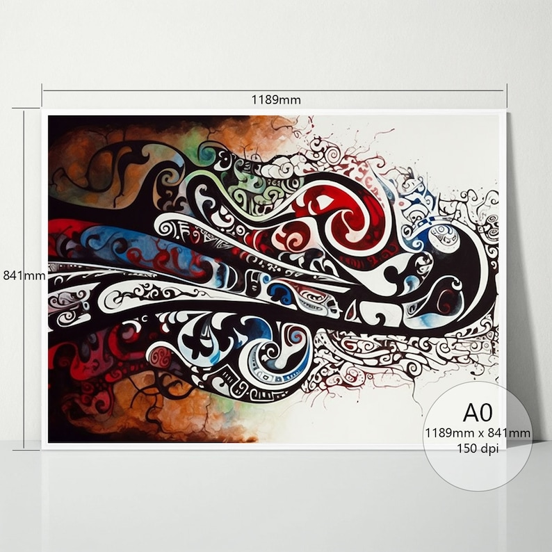 May include: Abstract art print featuring a swirling design in black, red, blue, green, and white. The design is reminiscent of a stylized wave or a flowing pattern. The print is 1189mm x 841mm and 150 dpi.
