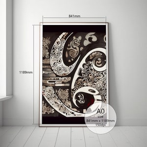 May include: Abstract art print with intricate black, white, and gray patterns on a black background. The print is framed in a brown wood frame and measures 33.1 inches by 46.8 inches. The print is labeled "A0 size 841mm x 1189mm 150dpi".