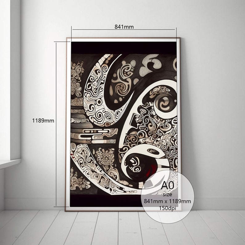 May include: Abstract art print with intricate black, white, and gray patterns on a black background. The print is framed in a brown wood frame and measures 33.1 inches by 46.8 inches. The print is labeled "A0 size 841mm x 1189mm 150dpi".
