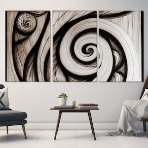 May include: A three-panel abstract art print with a swirling pattern in black and white. The print is framed and hanging on a white wall.