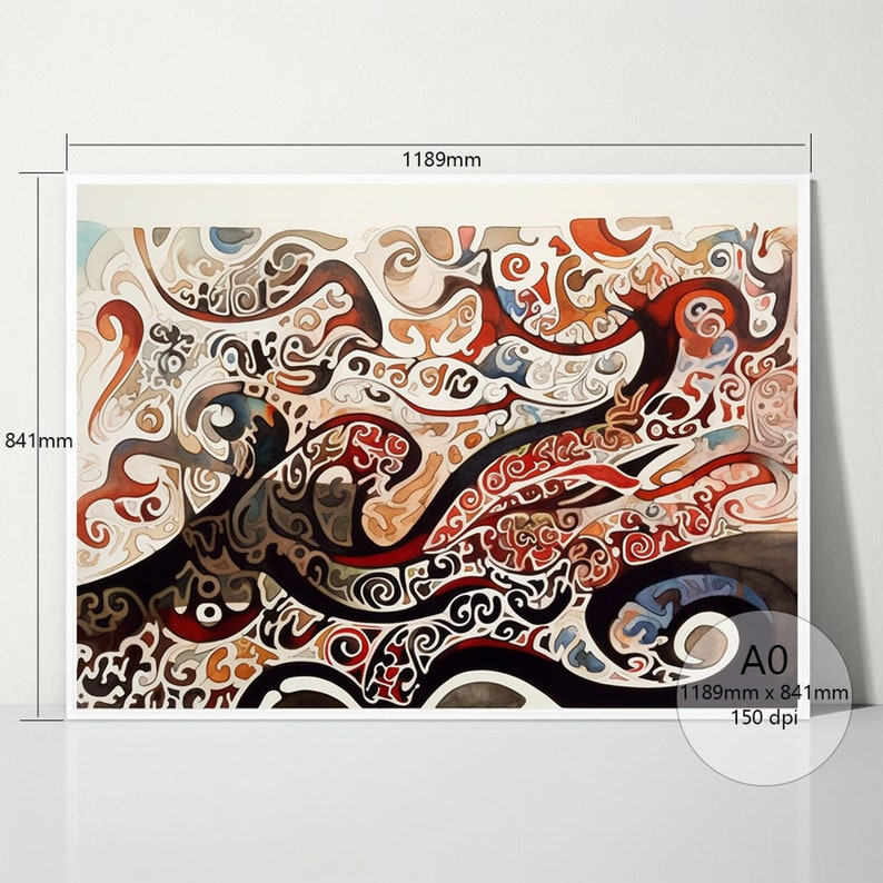 May include: Abstract watercolor painting with swirling patterns in shades of red, brown, black, and white. The artwork is framed with a white border and has a watermark in the bottom right corner that reads "AO 1189mm x 841mm 150 dpi".