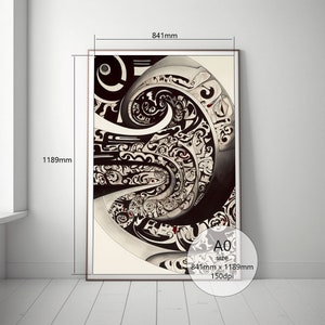 May include: A black and white abstract art print with intricate patterns and swirls. The print is framed in a brown wood frame and measures 33.1 inches by 46.8 inches. The print is labeled "A0 size 841mm x 1189mm 150dpi".