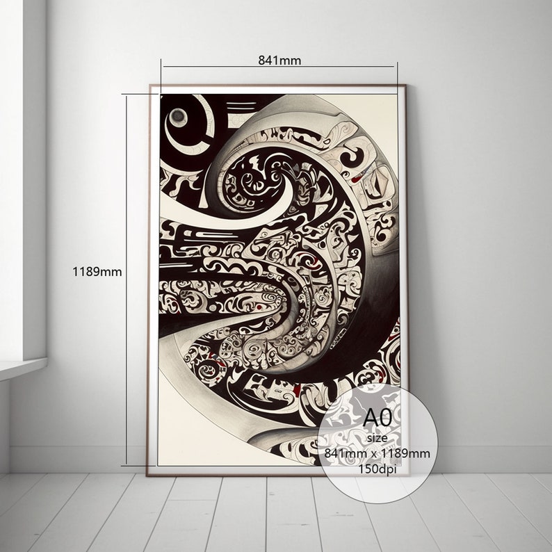 May include: A black and white abstract art print with intricate patterns and swirls. The print is framed in a brown wood frame and measures 33.1 inches by 46.8 inches. The print is labeled "A0 size 841mm x 1189mm 150dpi".