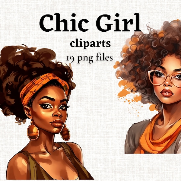Chic African American Woman Clipart, Black Woman Natural Hair, Beautiful Girl Clipart Bundle, Fashion Girl Clipart, Black Girl Clipart PNG