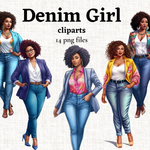 Denim Girl Clipart, Curvy Girl Clipart, Fashion Girl PNG, African American Girl Image, Jeans Girl Graphics, Commercial Use, Transparent PNG