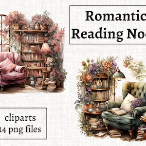 Romantic Reading Nook Clipart, Cozy Reading Corner PNG, Bookworm Reading Place Illustration, Bookcase Clipart, Book Lover Clipart, Bookish