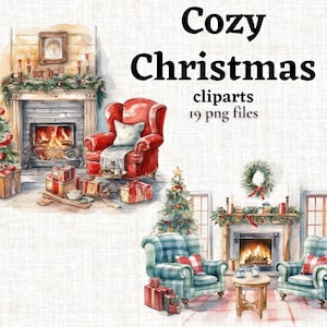 Gemütliches Weihnachtscliparts, Gemütliches Weihnachtszimmer PNG, Weihnachtsbaum, Aquarell Weihnachtsgrafiken, Weihnachtskamin Bild, Junk Journal PNG