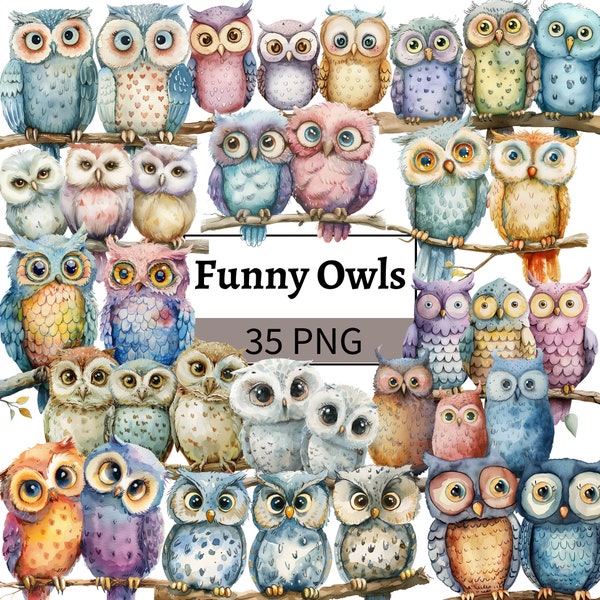 Funny Owls Clipart Bundle Watercolor Animals Graphics Forest Animal Clip Art Nursery Decor Flying Birds Paper Digital Crafts Junk Journal