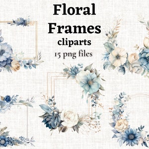 Dusty Blue Floral Clipart, Blue Floral Blumenrahmen Clipart, Wildblumen Grenze png, Hochzeit florale Rahmen, staubige blaue Hochzeit botanische png