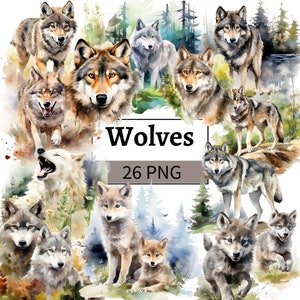 Watercolor Wolves Clipart Bundle Woodland Animals Graphics Forest Animal Clip Art Nursery Decor Wild Wolf Paper Digital Crafts Junk Journal
