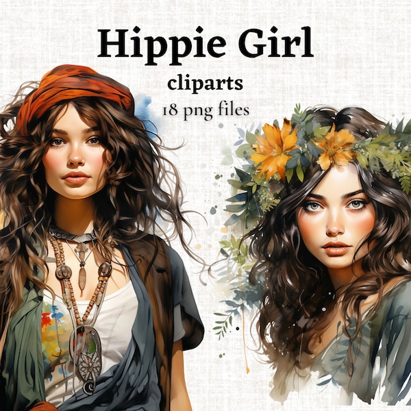Hippie Mädchen PNG, Sublimation Designs, Boho Mädchen Clipart, Boho Mädchen Grafiken, Hippie Frau PNG, dunkle Haare womam Clipart, kommerzielle Nutzung
