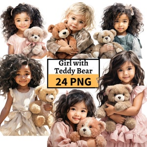Niedliches kleines Mädchen mit Teddybär, Kleines Mädchen Clipart Bundle, Kinder Illustrationen, Niedliche Mädchen Grafiken, Teddy Bär Clipart, Niedlicher Teddy PNG