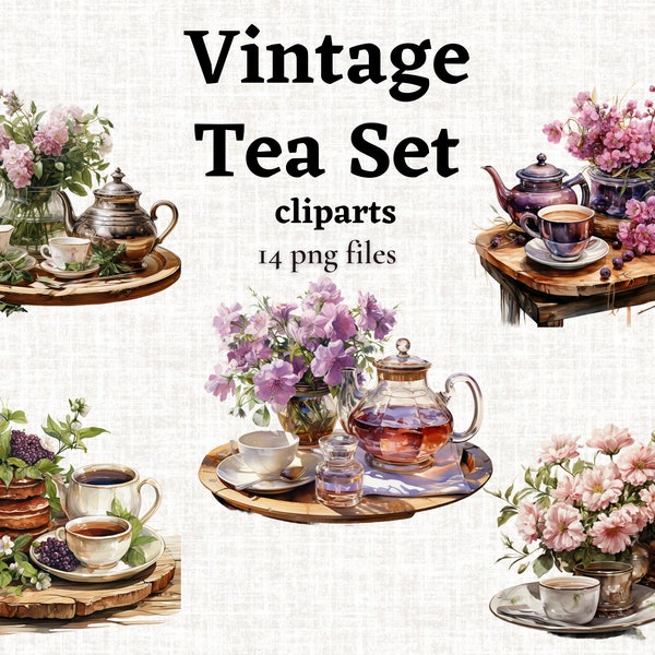 Watercolor Vintage Tea Set Clipart, Vintage Tea Cup PNG, Antique Tea Time Illustration, Tea Party Designs, Watercolor Tea Party, Commercial