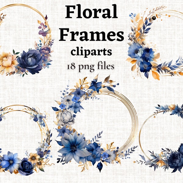 Watercolor round frames, Elegant gold wreaths png, Dark blue cliparts, Transparent floral elements, Luxury invitation frames, wreath graphic
