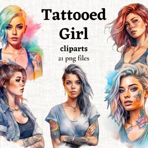 Clipart De Menina Tatuada, Clipart De Menina Com Tatuagem, Pacote De Clipart De Tatuagem, Ilustração Criativa De Menina, Gráficos De Menina Rebelde, Menina De Cabelo Rosa PNG