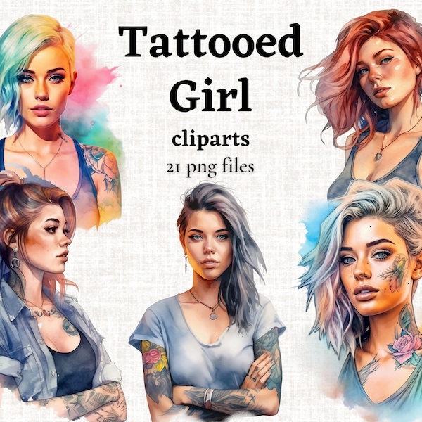 Tattooed Girl Clipart, Girl with Tattoo Clipart, Tattoo Clipart Bundle, Creative Girl Illustration, Rebel Girl Graphics, Pink Hair Girl PNG